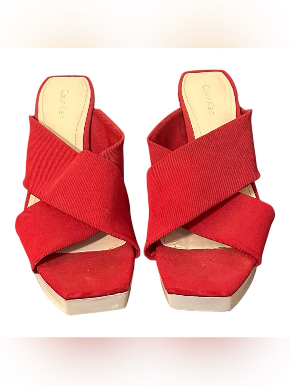 Calvin Klein Red Crisscross Open-Toe Slide Mules